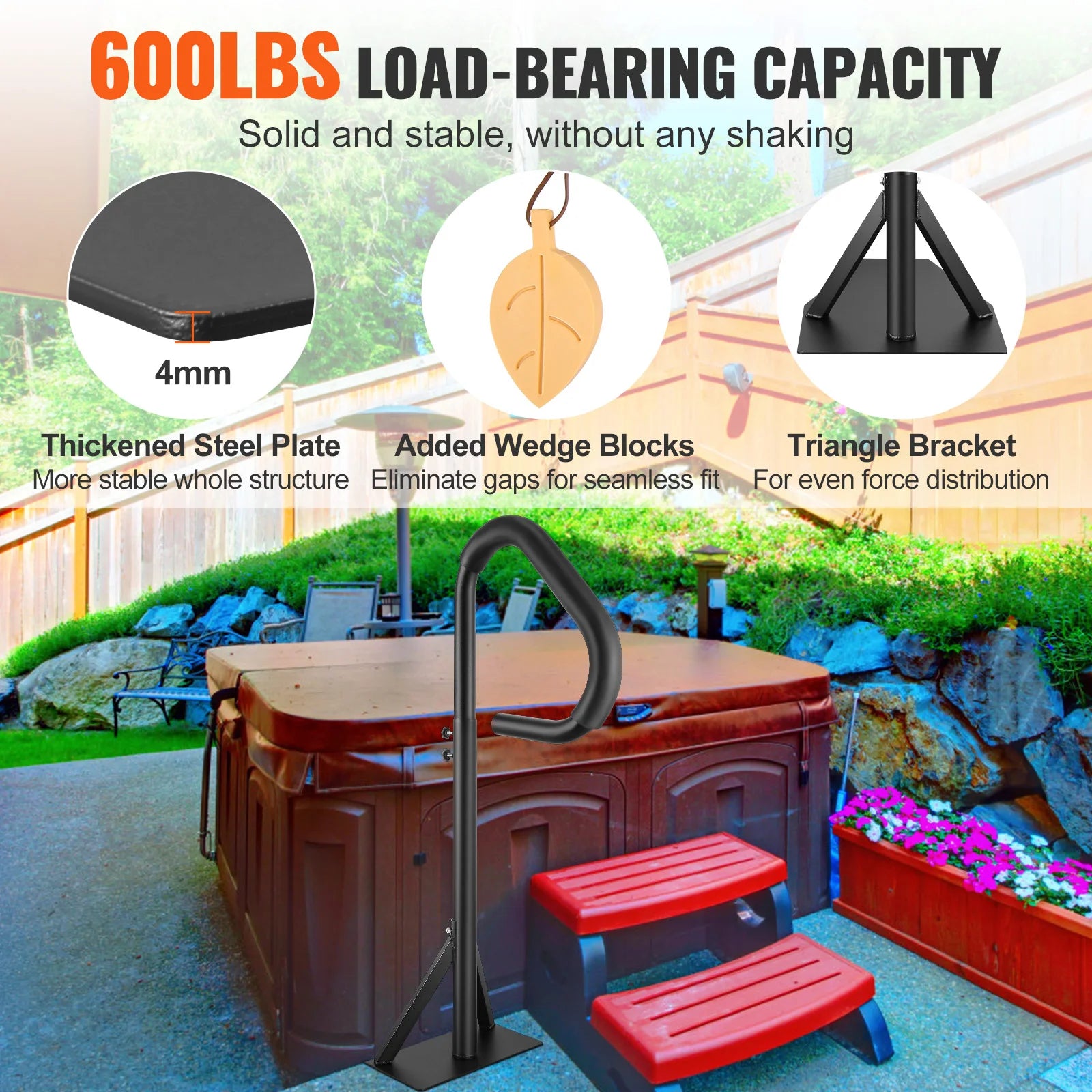 SucceBuy 360Rotatable Hot Tub Handrail Spa Side Hand Rail Adjustable Height W/ Slide-Under Mount Base for Indoor Outdoor Bathtub