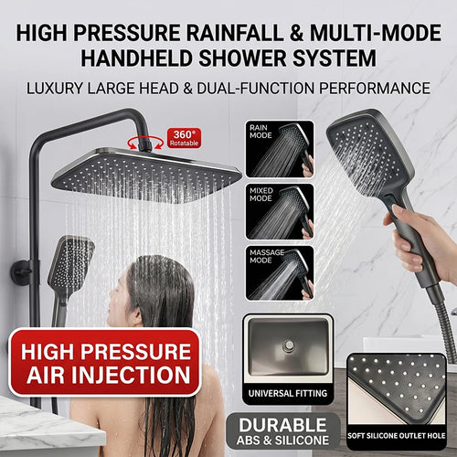360° Swivel Rainfall Shower System, High Pressure Overhead & Multi-Mode Handheld Combo with Universal Fit,Water Saving